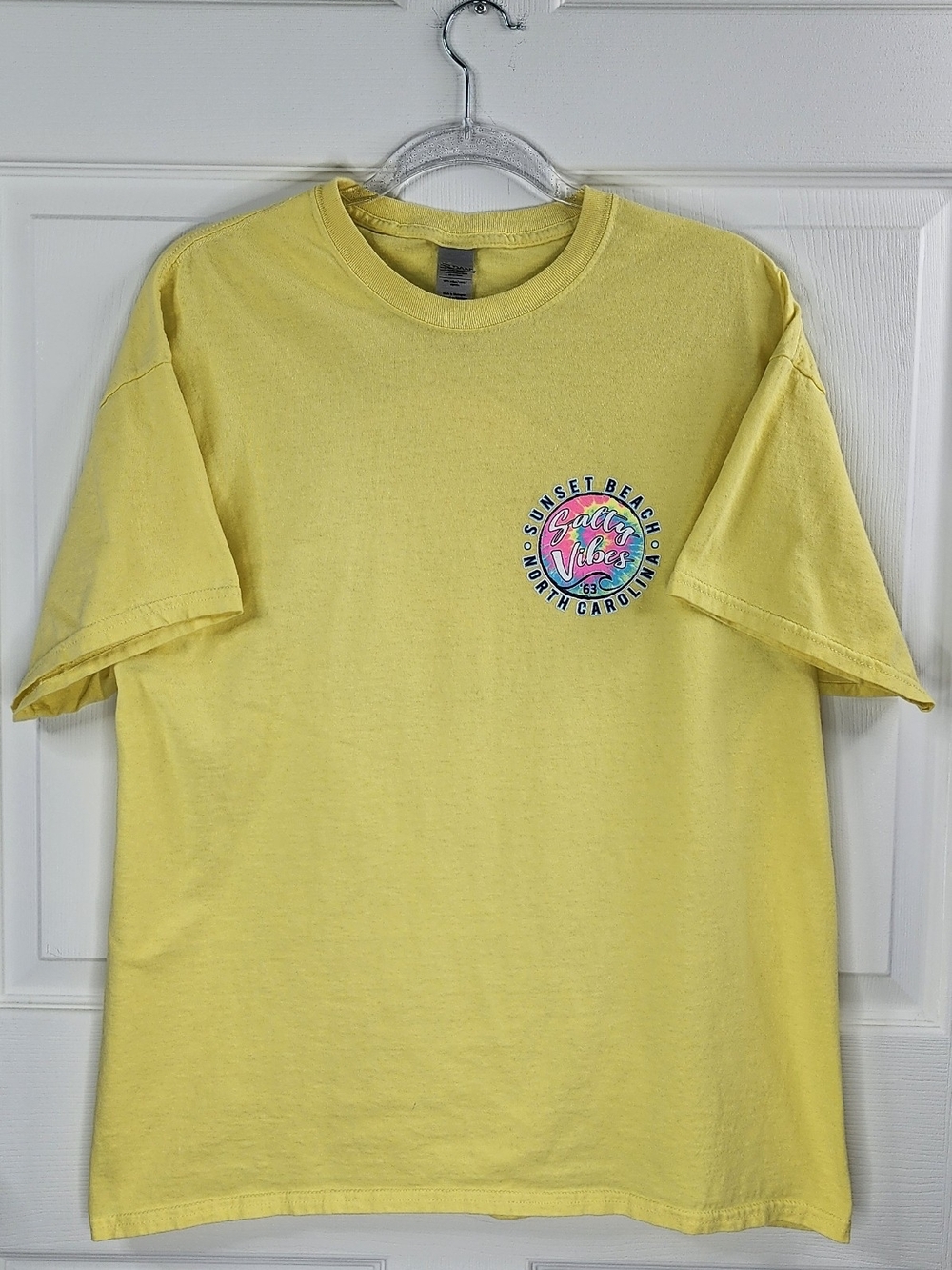 Sunset Beach NC Graphic Tee | Light Yellow "Salty Vibes" Tie-Dye Wave Shirt XL